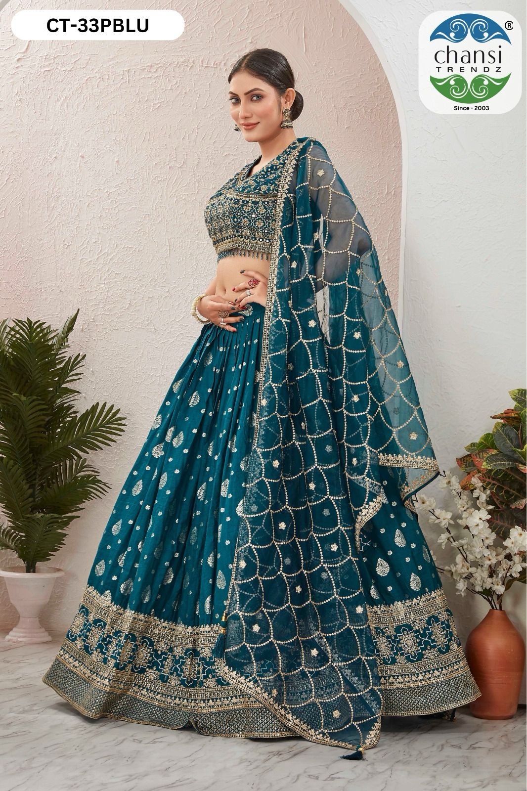 Ct-33 Teal Blue Chansi Trendz Jacquard Readymade Lehenga Choli