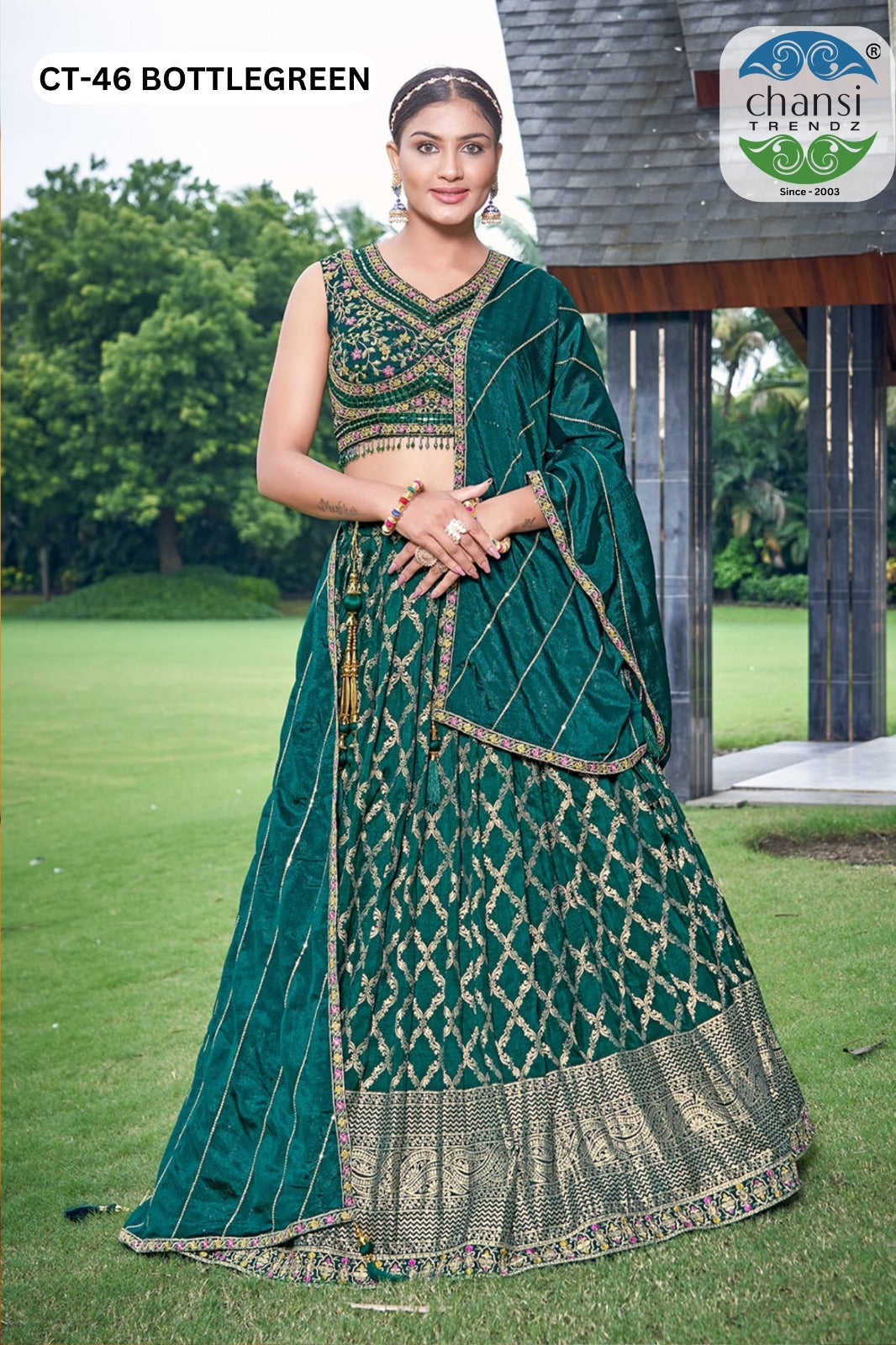 Ct-46 Bottle Green Chansi Trendz Jacquard Readymade Lehenga Choli