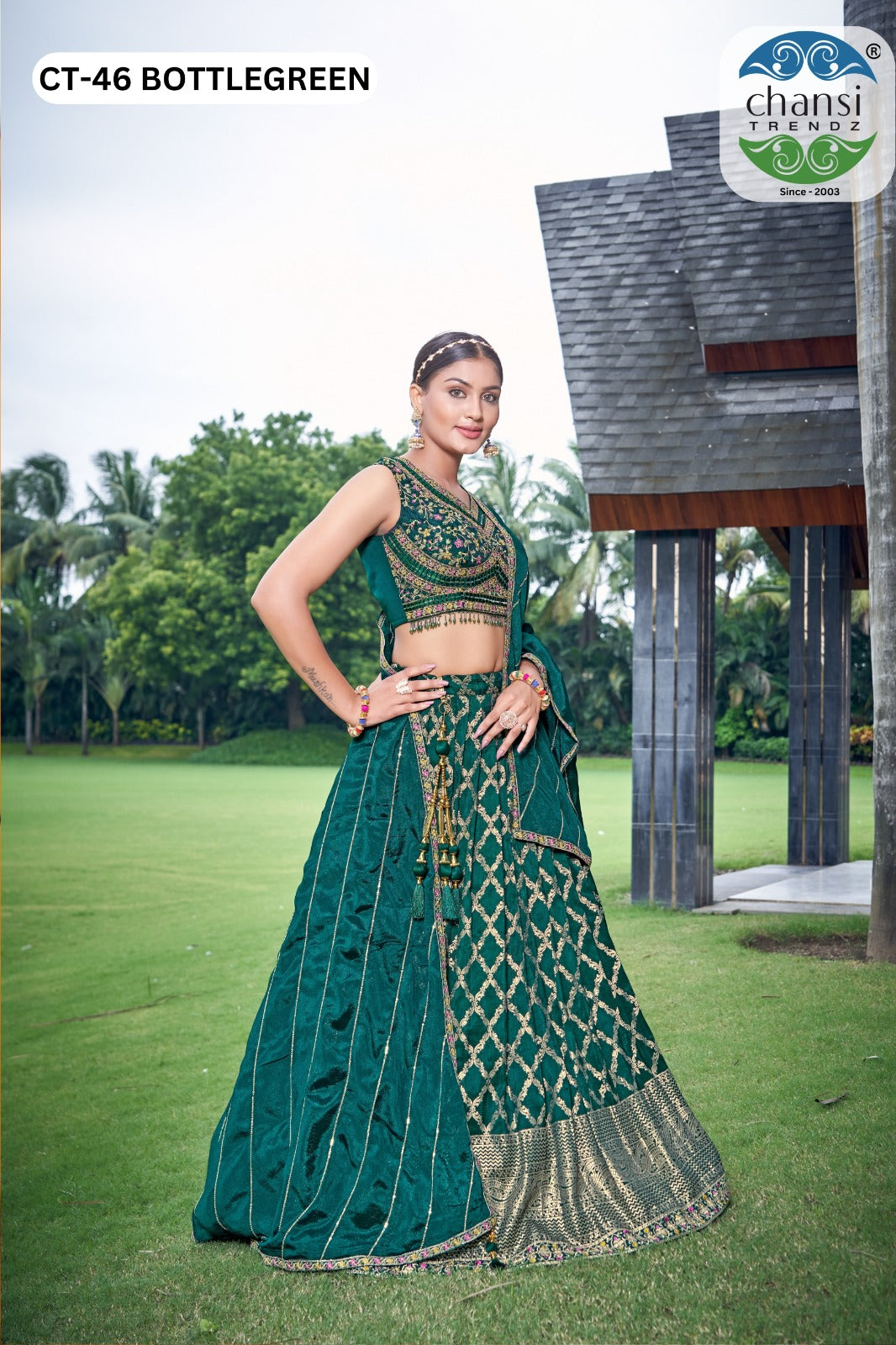 Ct-46 Bottle Green Chansi Trendz Jacquard Readymade Lehenga Choli