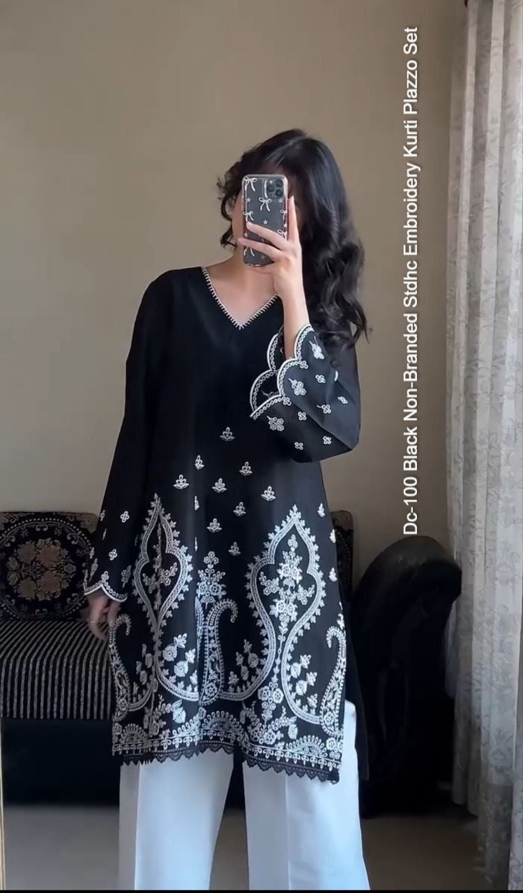 Dc-100 Black Non-Branded Stdhc Embroidery Kurti Plazzo Set