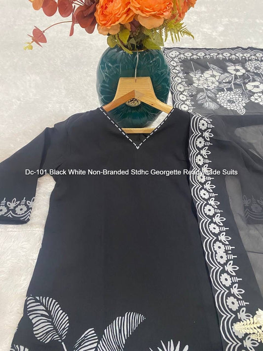 Dc-101 Black White Non-Branded Stdhc Georgette Readymade Suits
