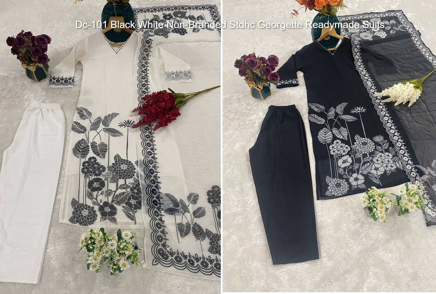 Dc-101 Black White Non-Branded Stdhc Georgette Readymade Suits