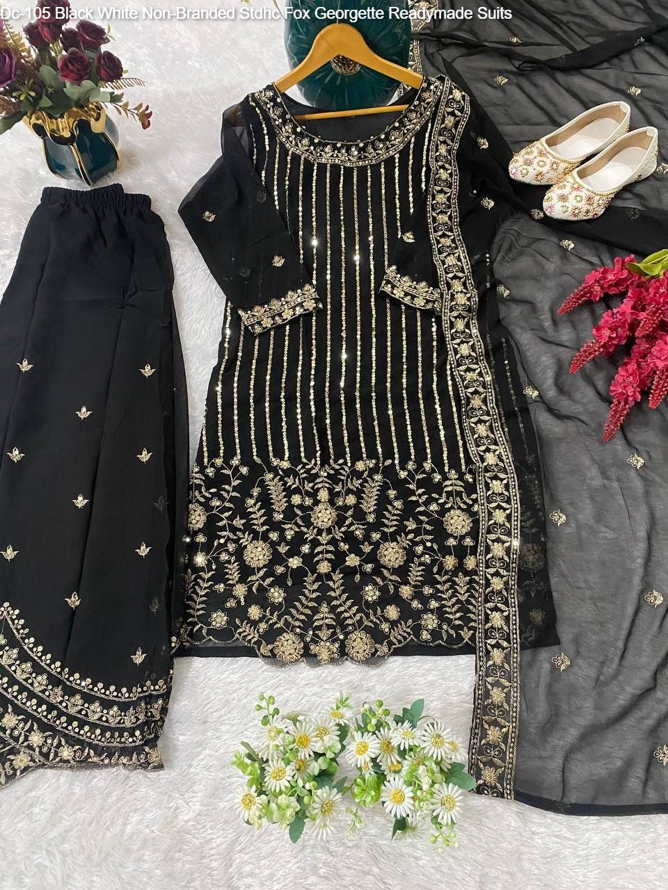 Dc-105 Black White Non-Branded Stdhc Fox Georgette Readymade Suits