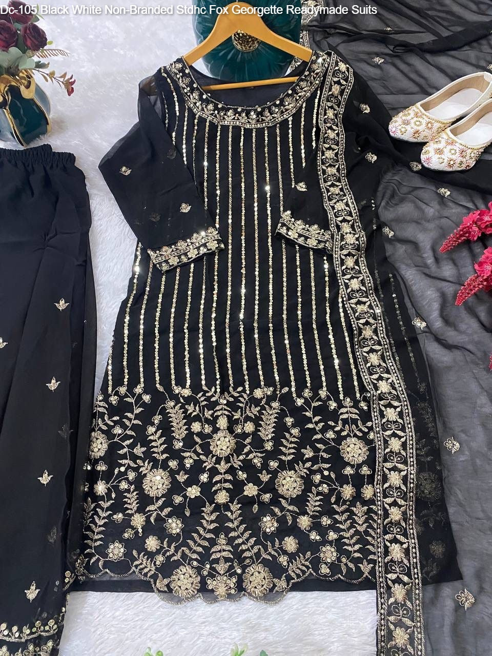 Dc-105 Black White Non-Branded Stdhc Fox Georgette Readymade Suits