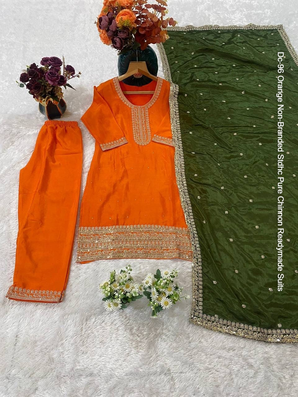 Dc-96 Orange Non-Branded Stdhc Pure Chinnon Readymade Suits