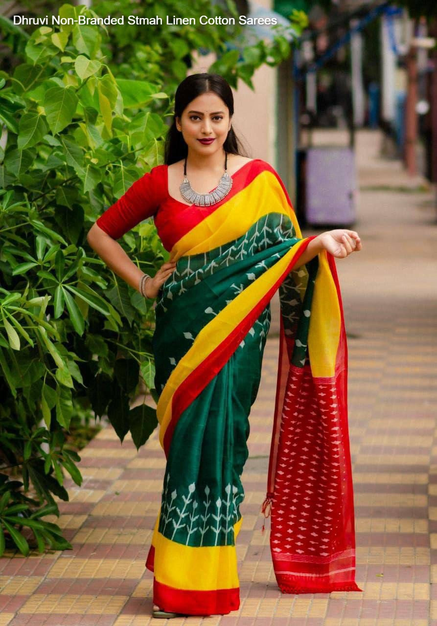 Dhruvi Non-Branded Stmah Linen Cotton Sarees