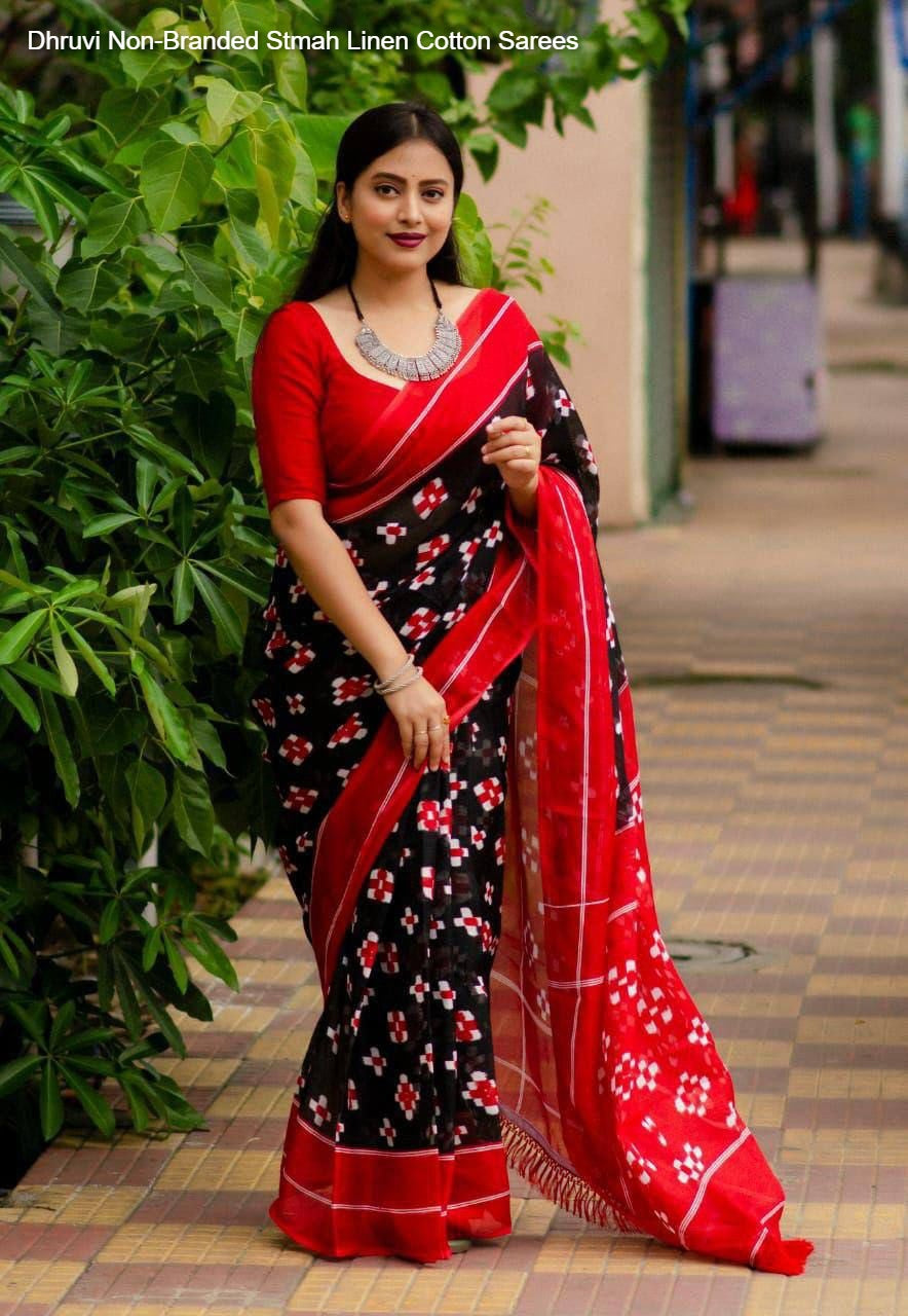 Dhruvi Non-Branded Stmah Linen Cotton Sarees
