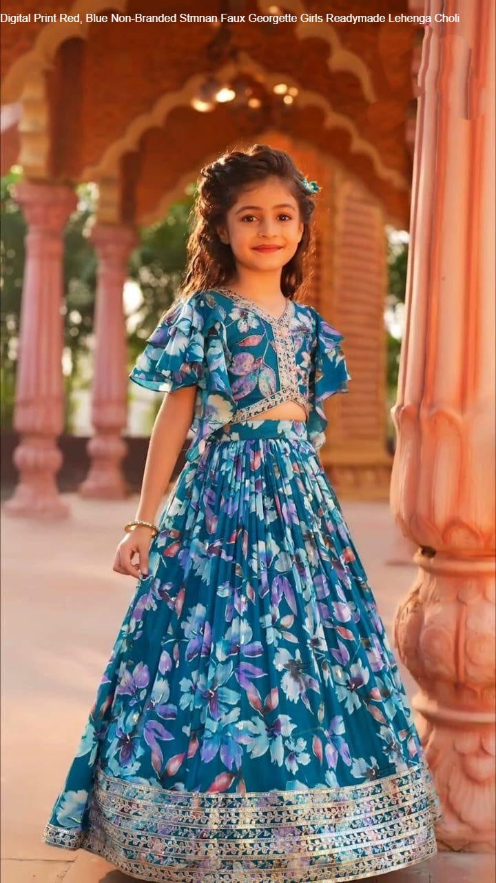 Digital Print Red, Blue Non-Branded Stmnan Faux Georgette Girls Readymade Lehenga Choli