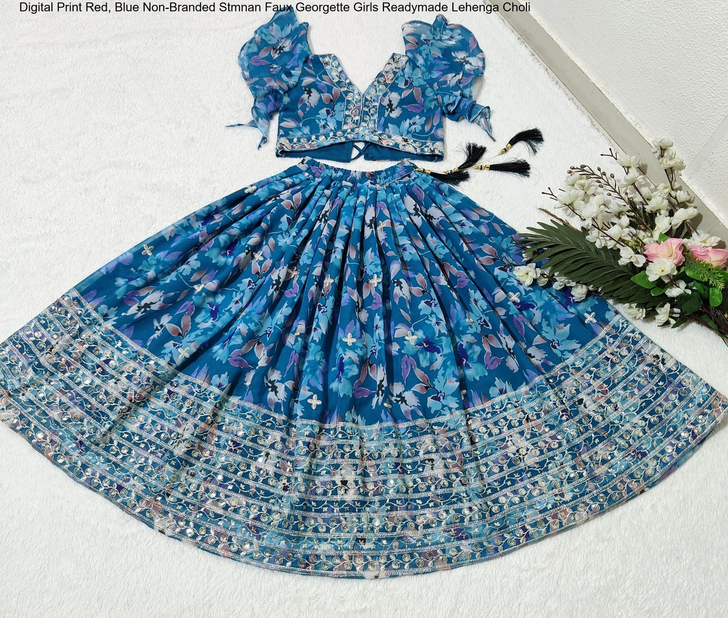 Digital Print Red, Blue Non-Branded Stmnan Faux Georgette Girls Readymade Lehenga Choli