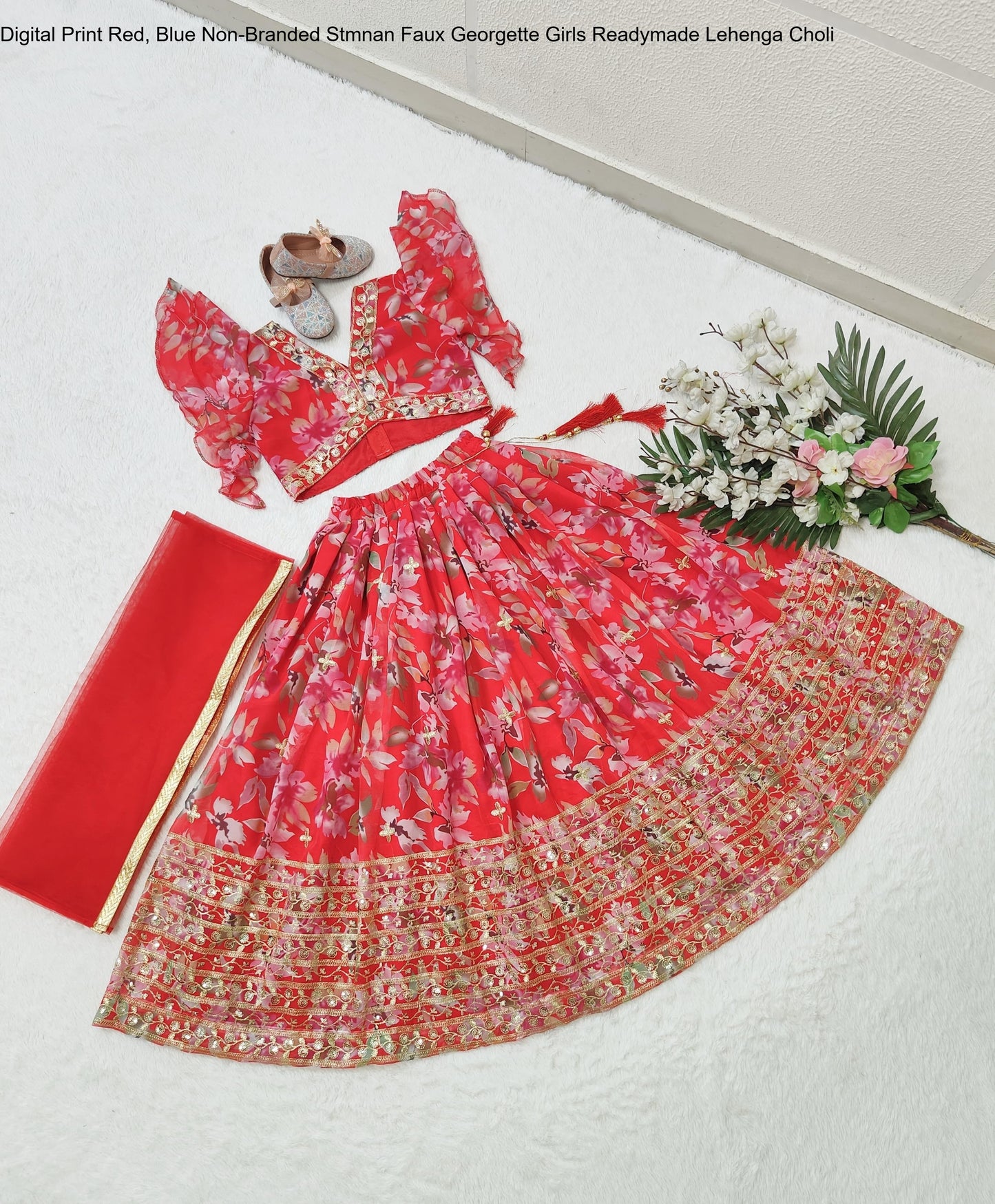 Digital Print Red, Blue Non-Branded Stmnan Faux Georgette Girls Readymade Lehenga Choli