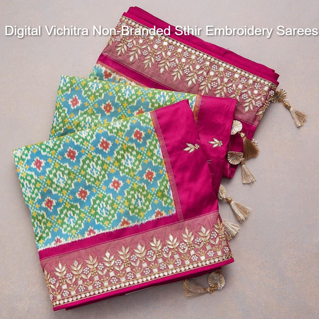 Digital Vichitra Non-Branded Sthir Embroidery Sarees