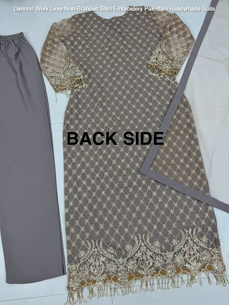 Dimond Work Grey Non-Branded Stkri Embroidery Pakistani Readymade Suits