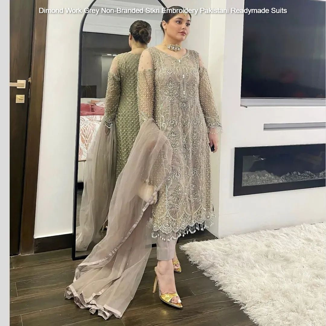 Dimond Work Grey Non-Branded Stkri Embroidery Pakistani Readymade Suits