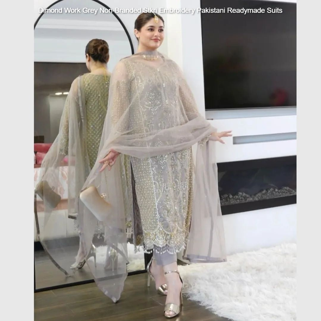 Dimond Work Grey Non-Branded Stkri Embroidery Pakistani Readymade Suits