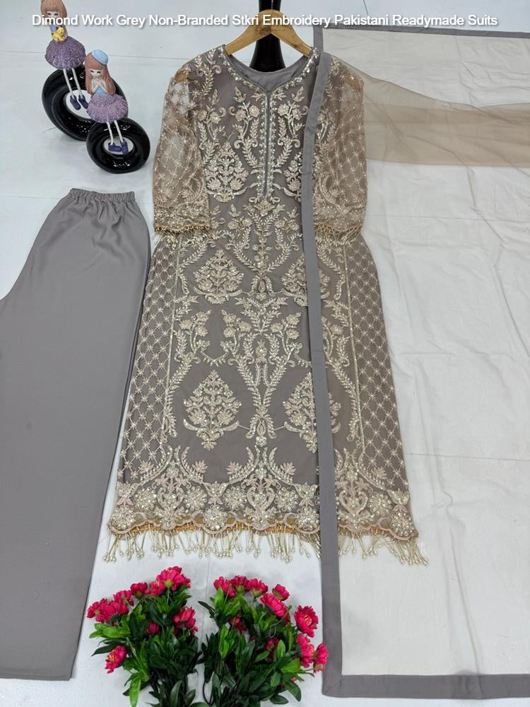 Dimond Work Grey Non-Branded Stkri Embroidery Pakistani Readymade Suits