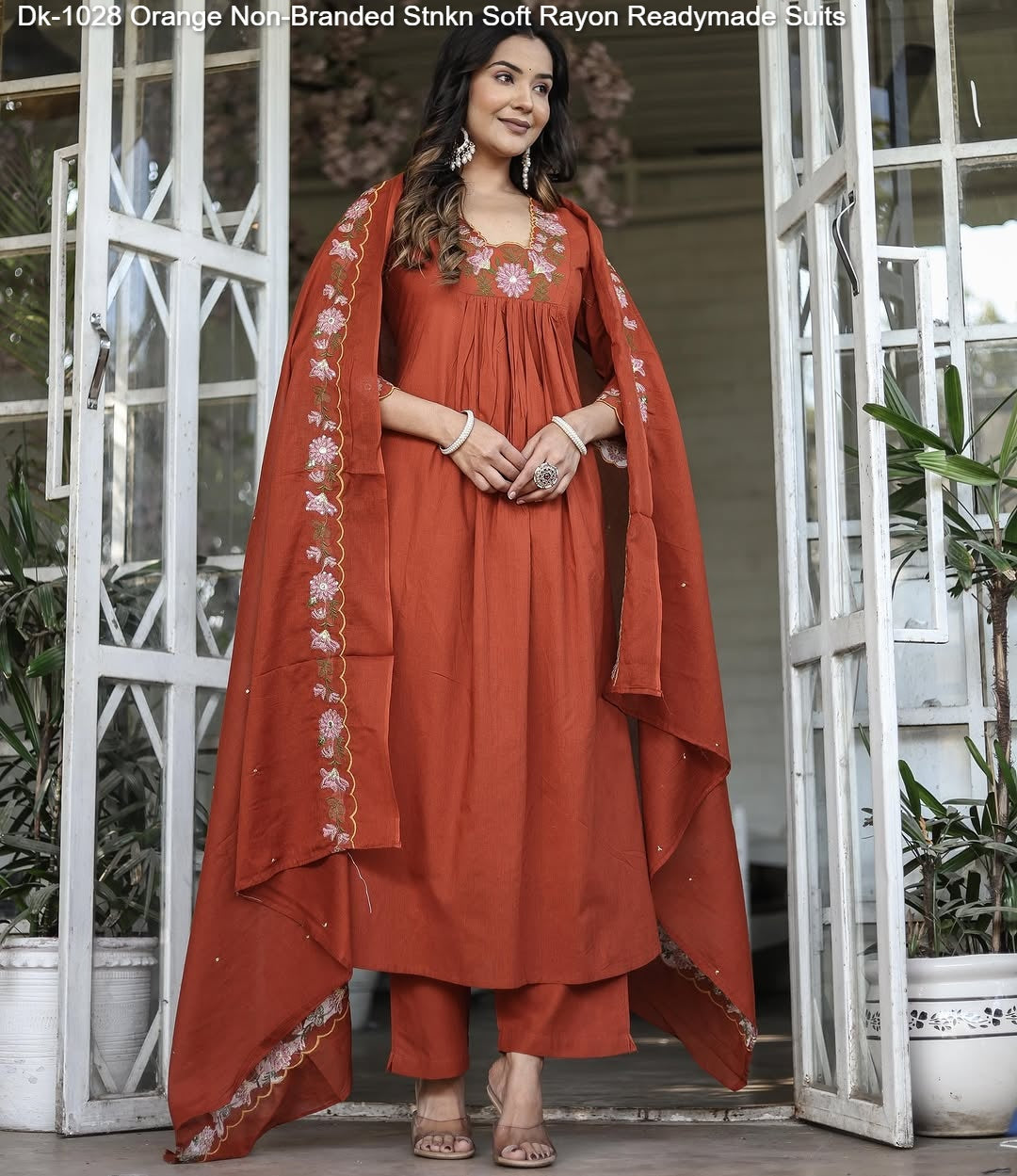 Dk-1028 Orange Non-Branded Stnkn Soft Rayon Readymade Suits