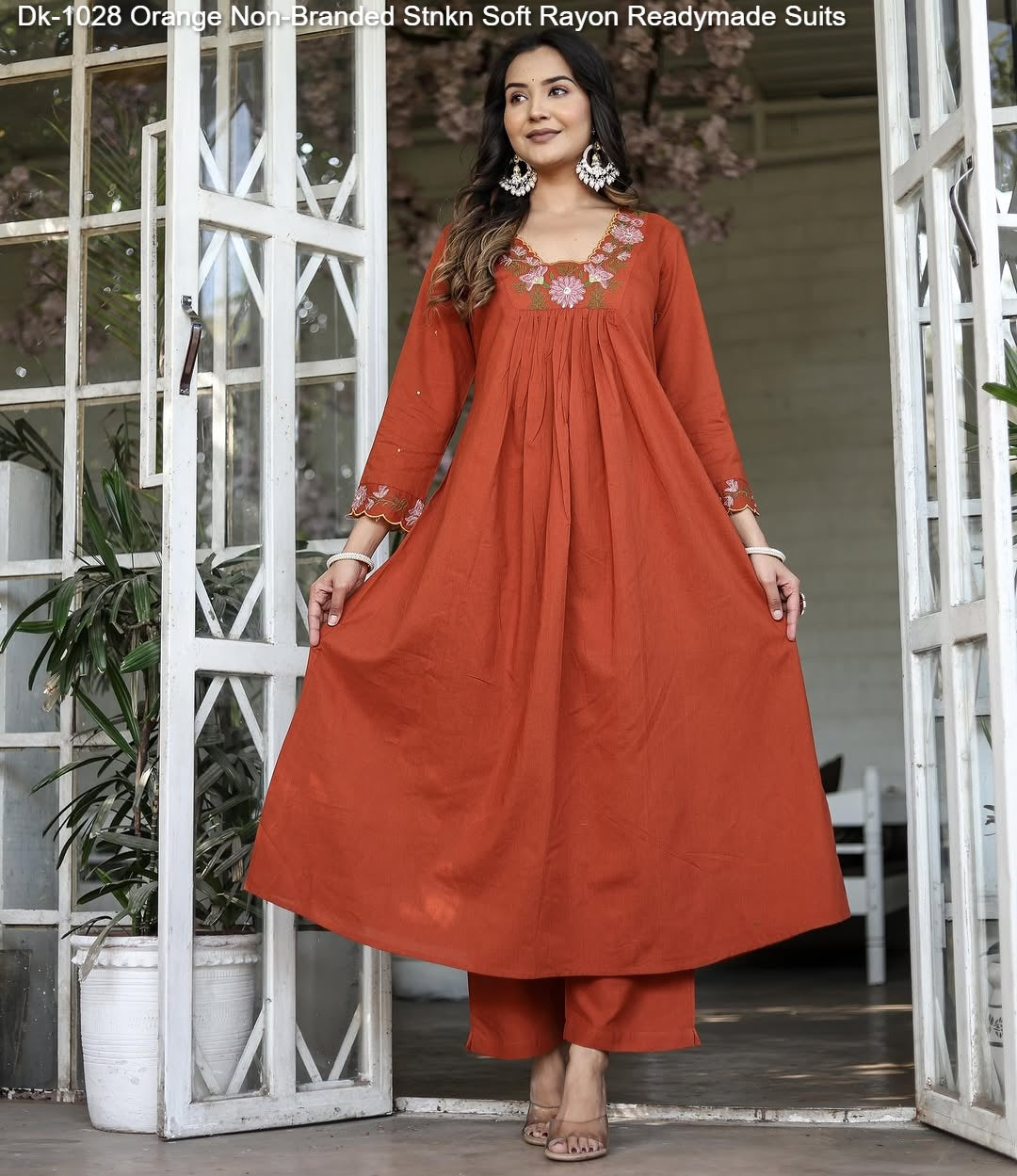 Dk-1028 Orange Non-Branded Stnkn Soft Rayon Readymade Suits