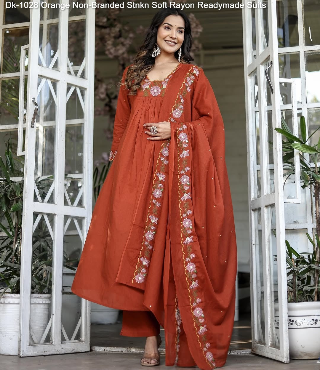 Dk-1028 Orange Non-Branded Stnkn Soft Rayon Readymade Suits
