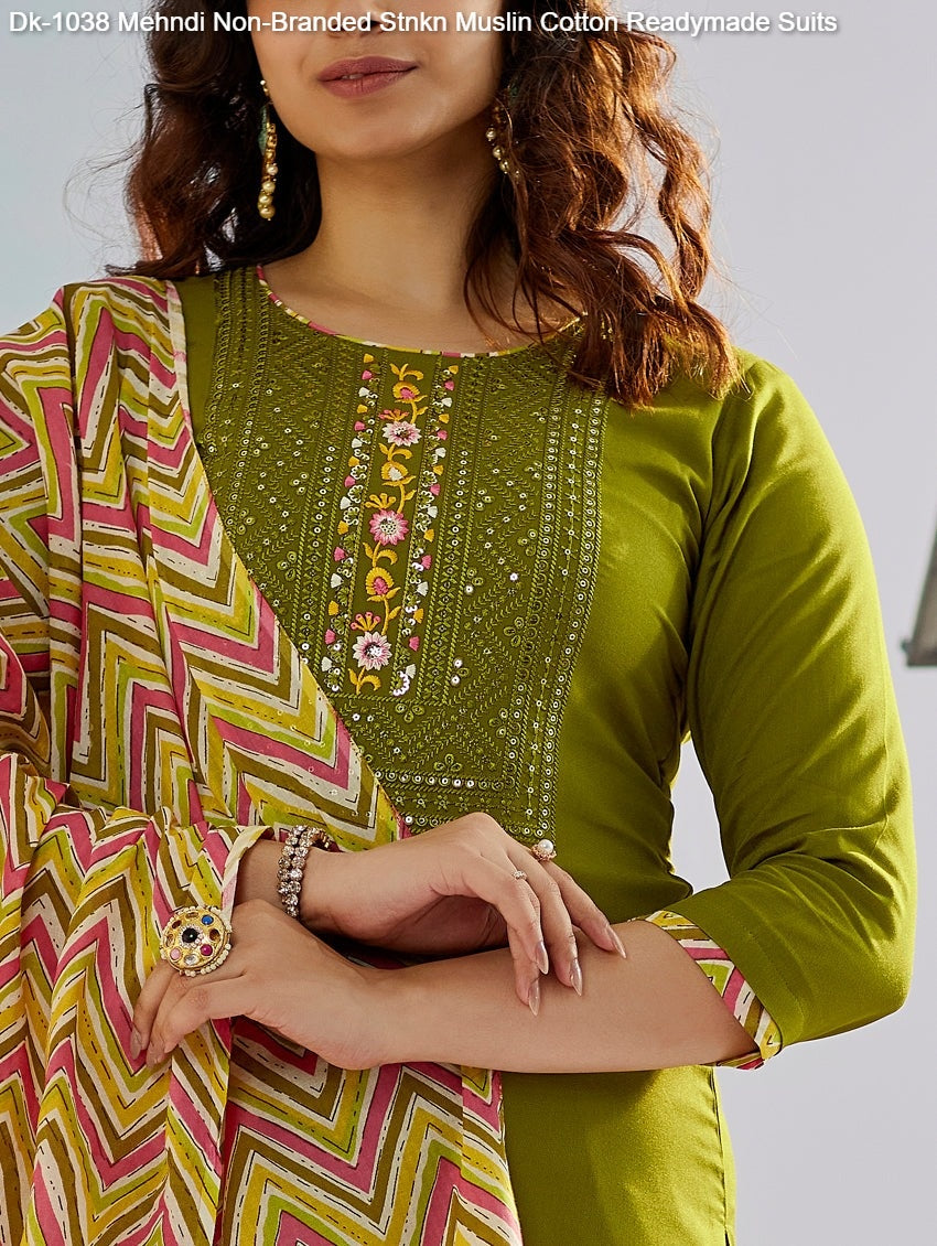 Dk-1038 Mehndi Non-Branded Stnkn Muslin Cotton Readymade Suits