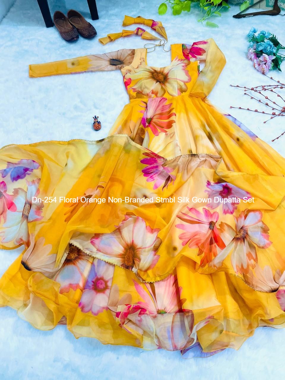 Dn-254 Floral Orange Non-Branded Stmbl Silk Gown Dupatta Set