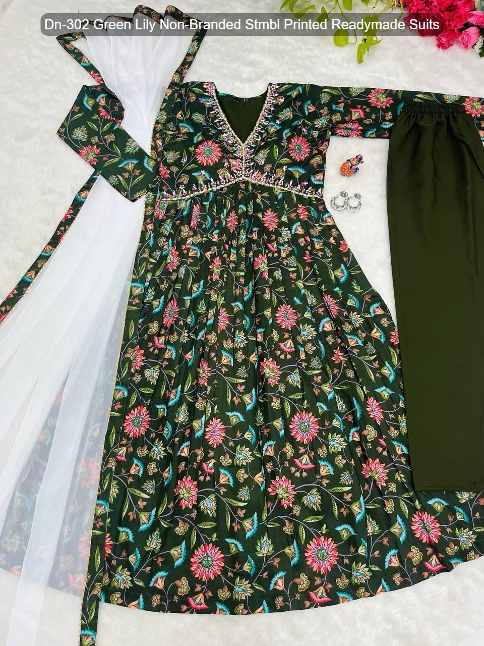 Dn-302 Green Lily Non-Branded Stmbl Printed Readymade Suits