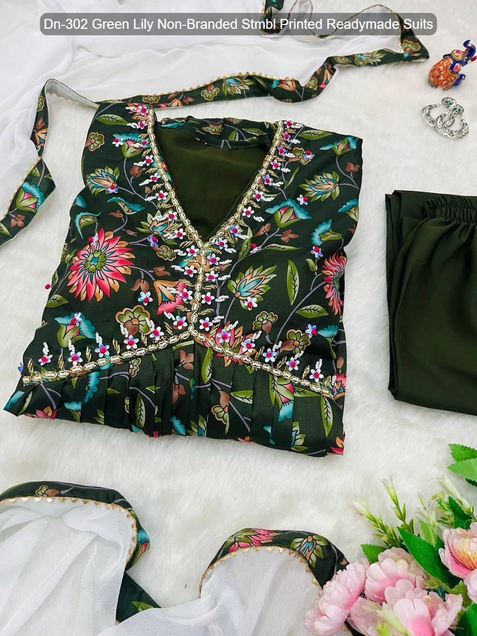 Dn-302 Green Lily Non-Branded Stmbl Printed Readymade Suits