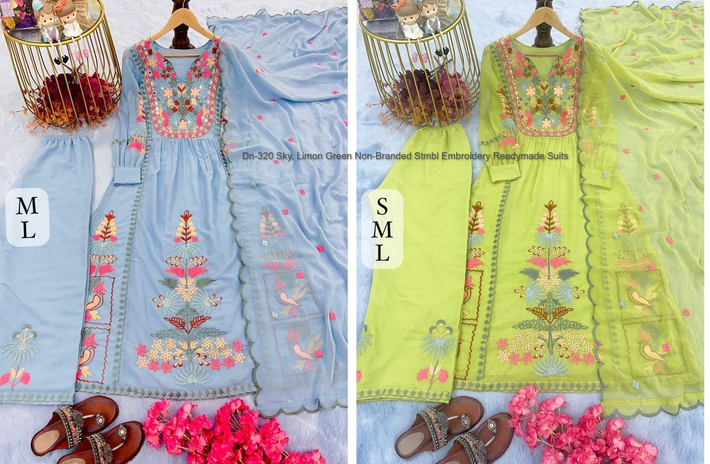 Dn-320 Sky, Limon Green Non-Branded Stmbl Embroidery Readymade Suits
