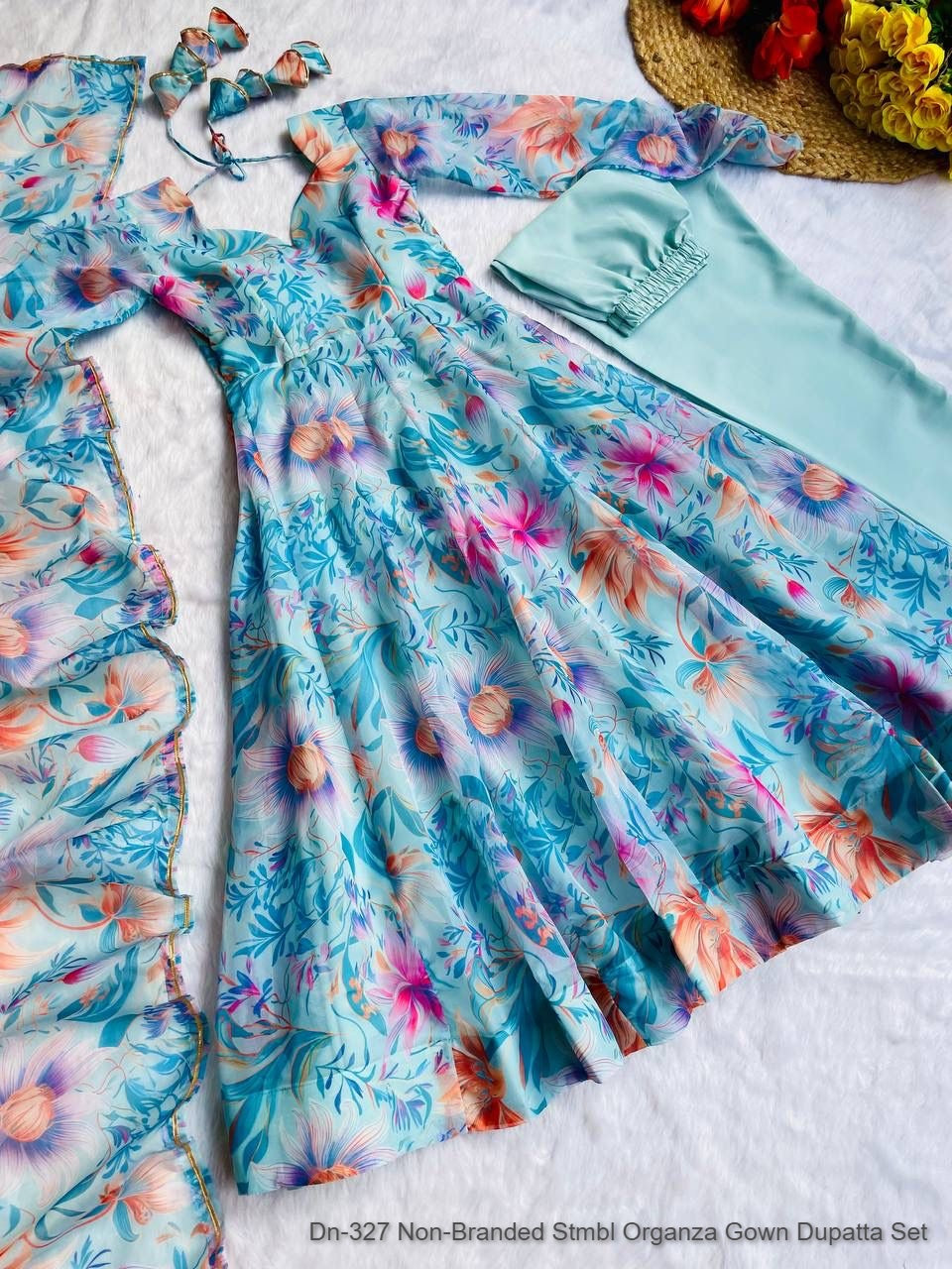 Dn-327 Non-Branded Stmbl Organza Gown Dupatta Set