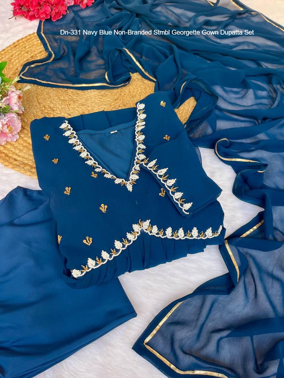 Dn-331 Navy Blue Non-Branded Stmbl Georgette Gown Dupatta Set