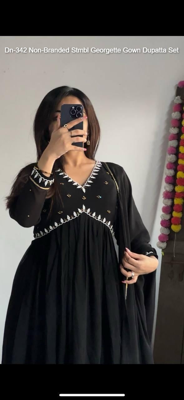 Dn-342 Non-Branded Stmbl Georgette Gown Dupatta Set