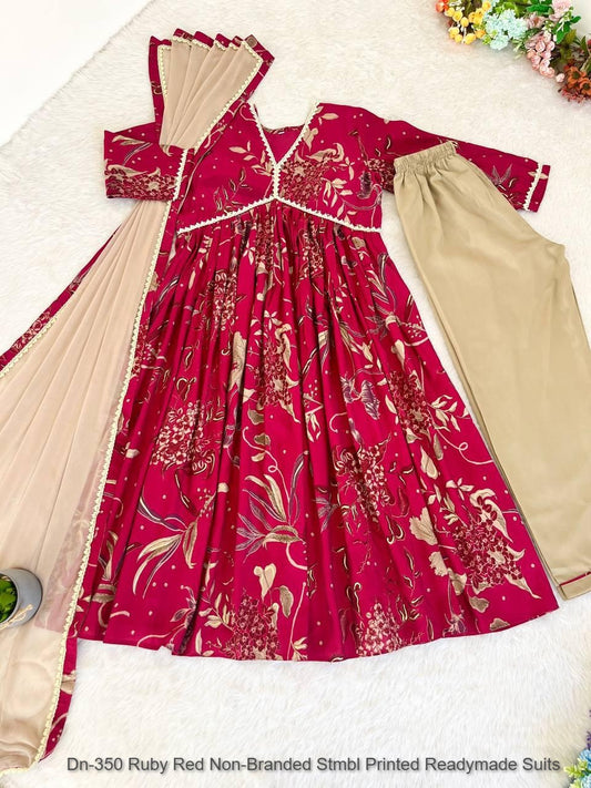 Dn-350 Ruby Red Non-Branded Stmbl Printed Readymade Suits