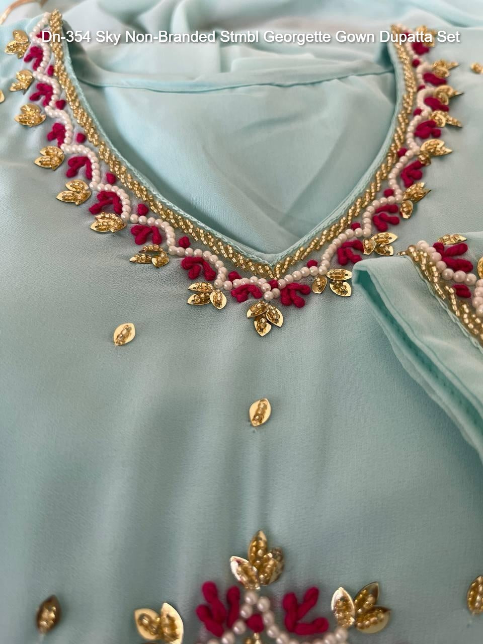 Dn-354 Sky Non-Branded Stmbl Georgette Gown Dupatta Set