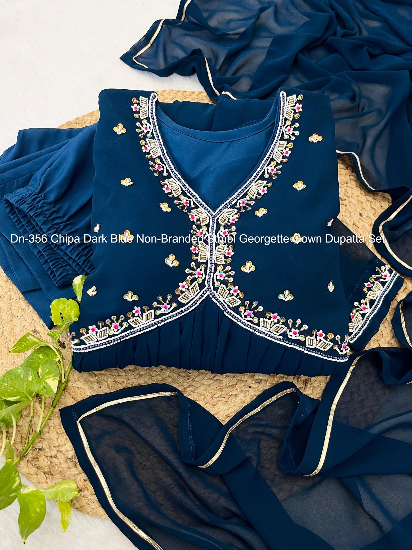 Dn-356 Chipa Dark Blue Non-Branded Stmbl Georgette Gown Dupatta Set