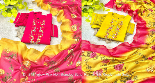Dn-373 Yellow Pink Non-Branded Stmbl Roman Silk Readymade Suits