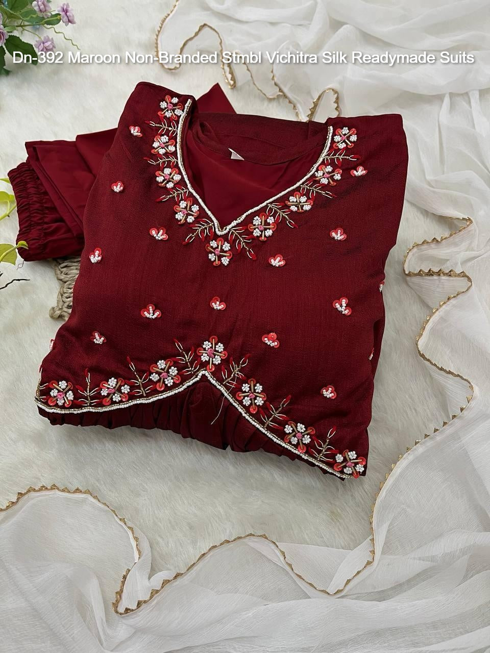 Dn-392 Maroon Non-Branded Stmbl Vichitra Silk Readymade Suits