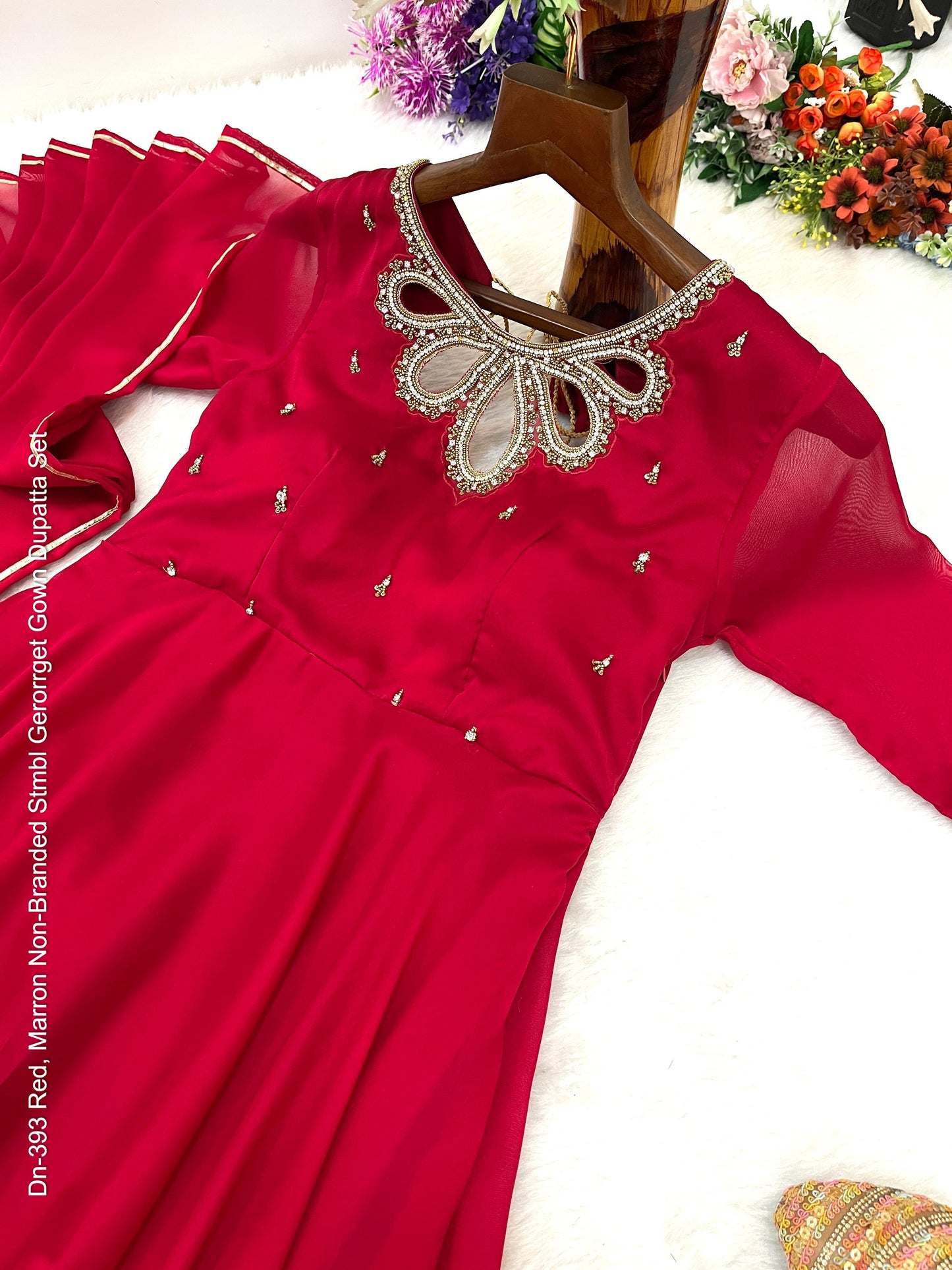 Dn-393 Red, Marron Non-Branded Stmbl Gerorrget Gown Dupatta Set