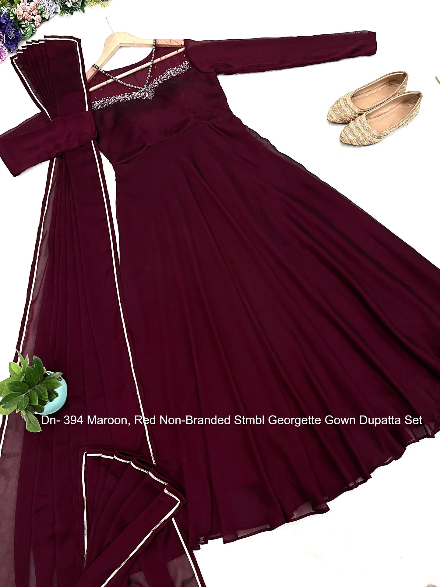 Dn- 394 Maroon, Red Non-Branded Stmbl Georgette Gown Dupatta Set