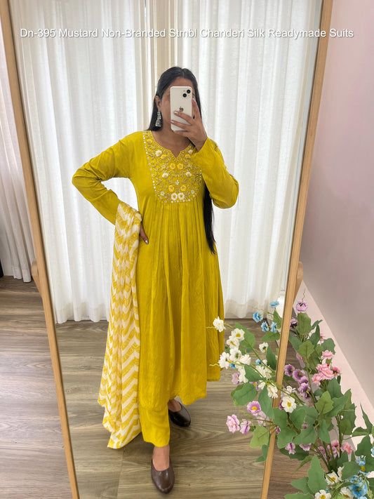 Dn-395 Mustard Non-Branded Stmbl Chanderi Silk Readymade Suits