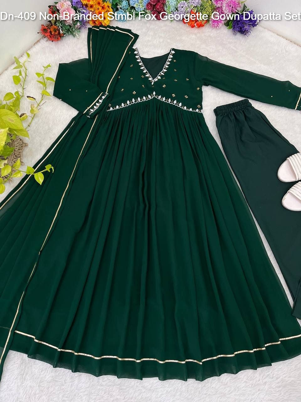 Dn-409 Non-Branded Stmbl Fox Georgette Gown Dupatta Set