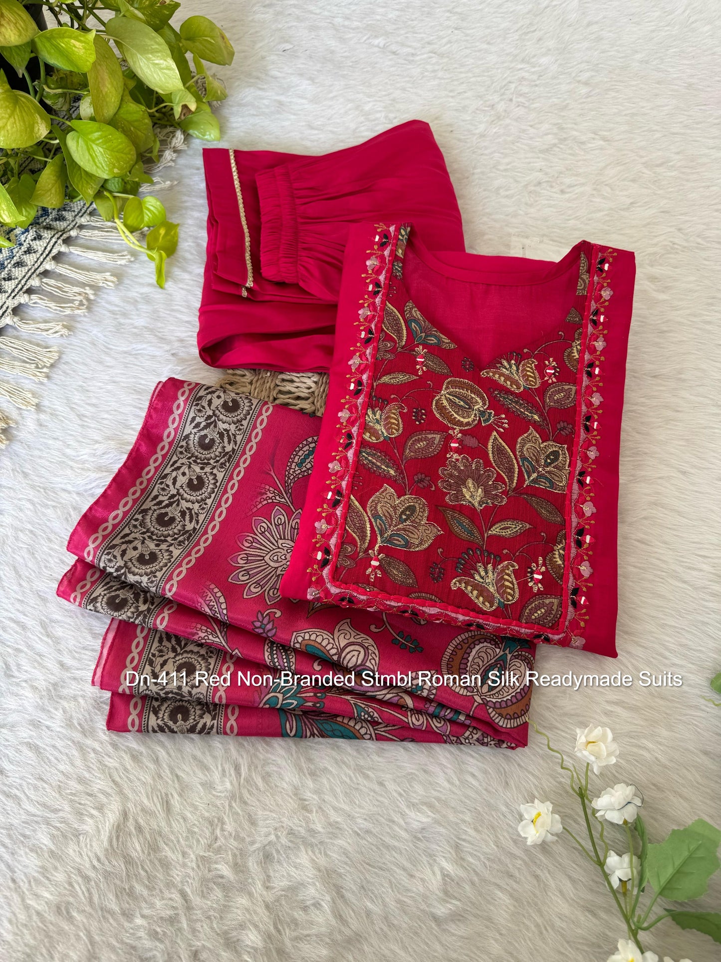 Dn-411 Red Non-Branded Stmbl Roman Silk Readymade Suits