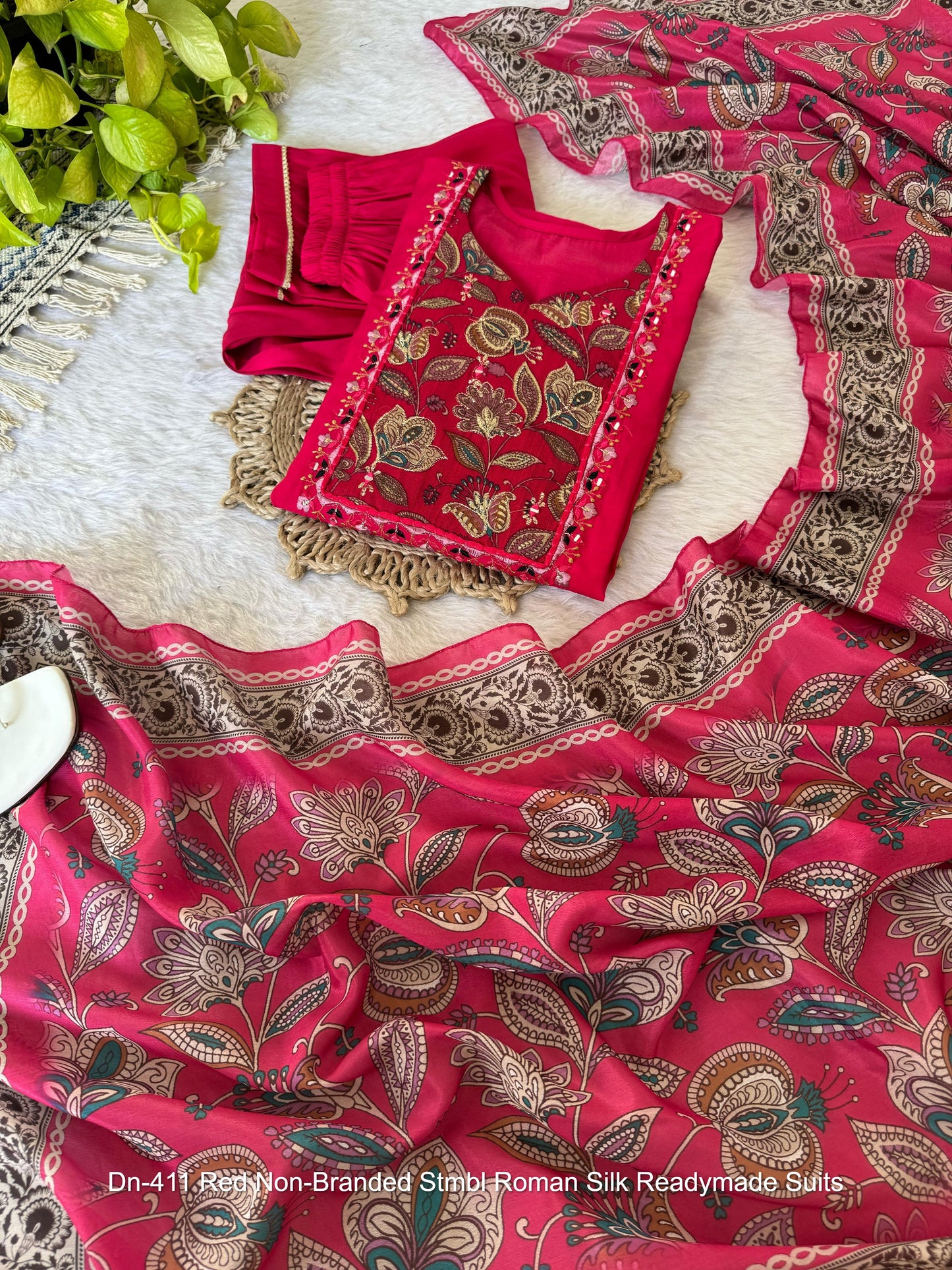 Dn-411 Red Non-Branded Stmbl Roman Silk Readymade Suits