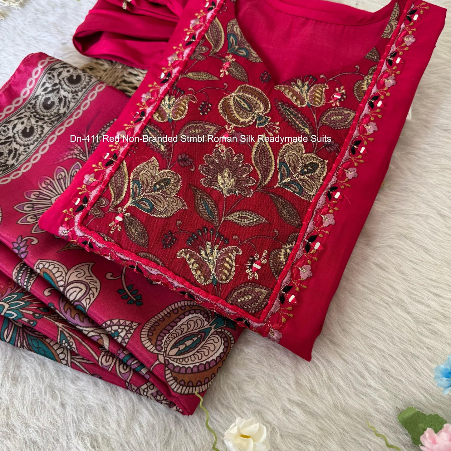 Dn-411 Red Non-Branded Stmbl Roman Silk Readymade Suits