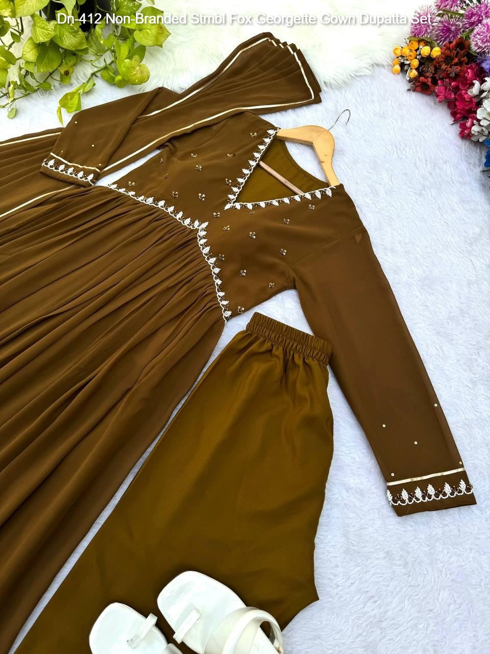 Dn-412 Non-Branded Stmbl Fox Georgette Gown Dupatta Set