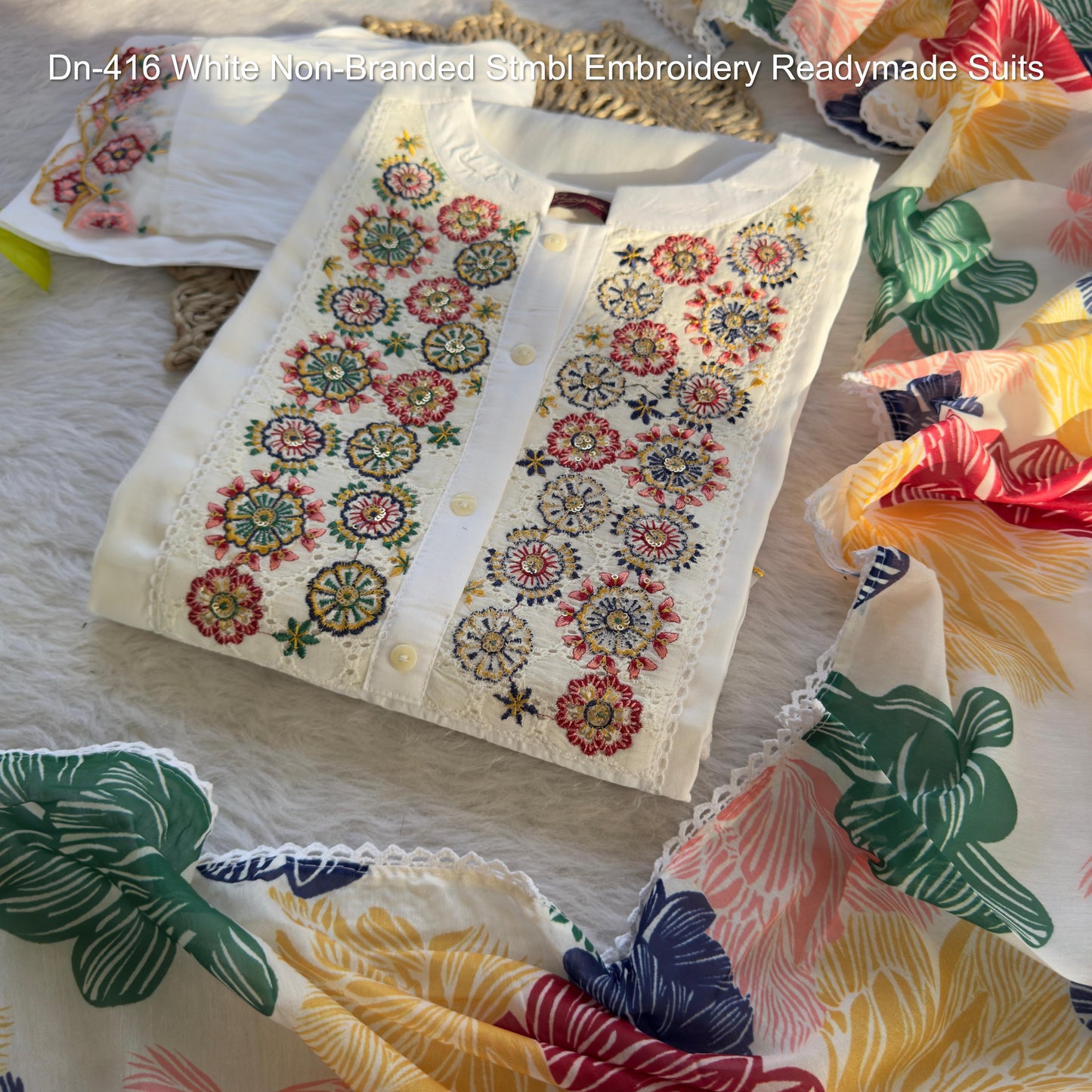 Dn-416 White Non-Branded Stmbl Embroidery Readymade Suits