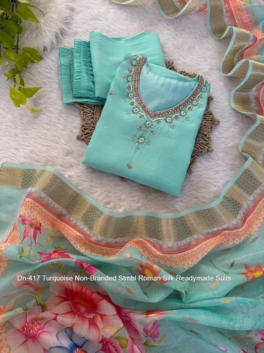 Dn-417 Turquoise Non-Branded Stmbl Roman Silk Readymade Suits