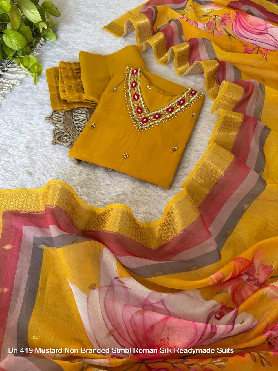 Dn-419 Mustard Non-Branded Stmbl Roman Silk Readymade Suits