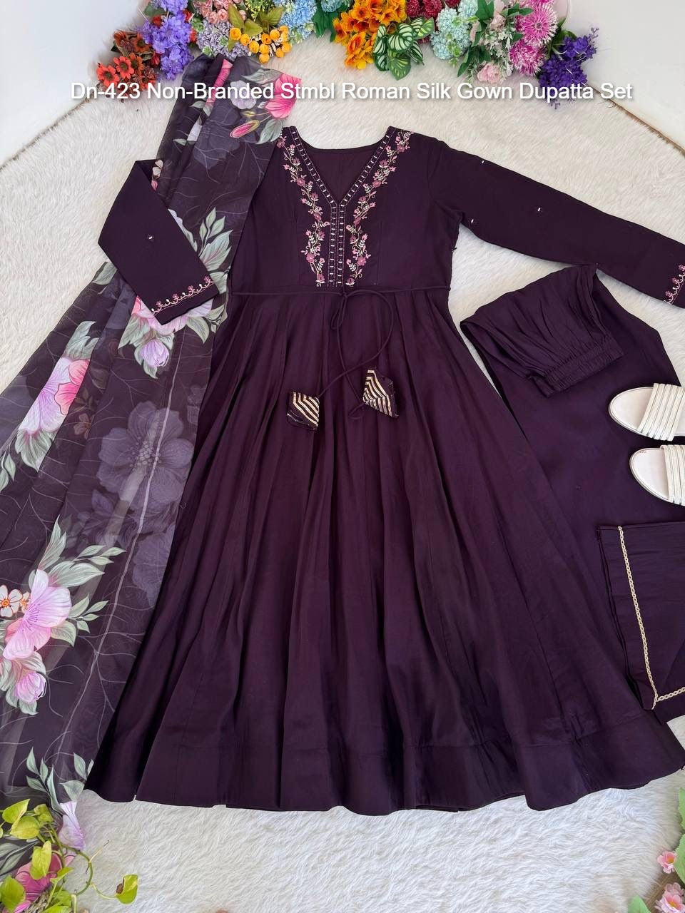 Dn-423 Non-Branded Stmbl Roman Silk Gown Dupatta Set