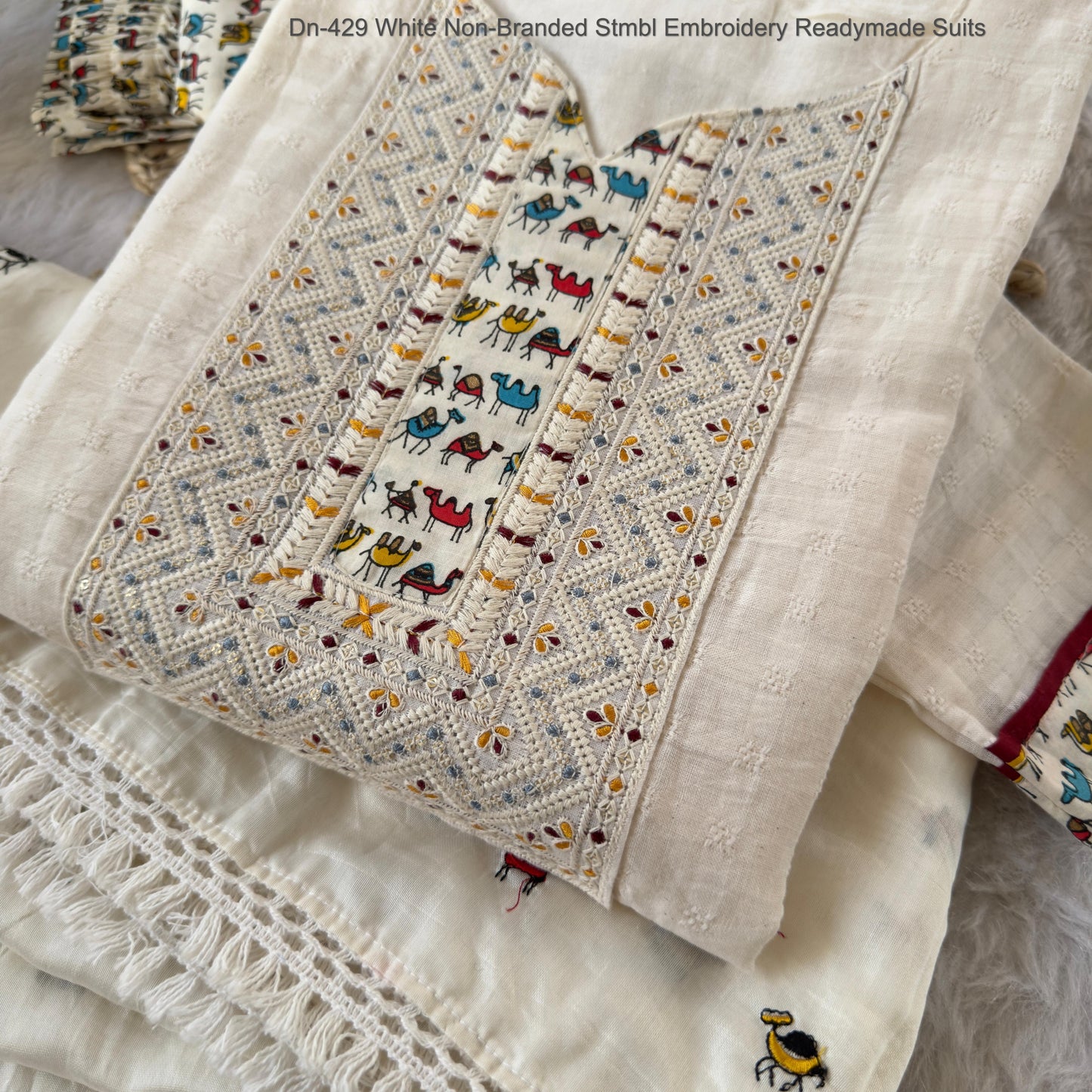 Dn-429 White Non-Branded Stmbl Embroidery Readymade Suits