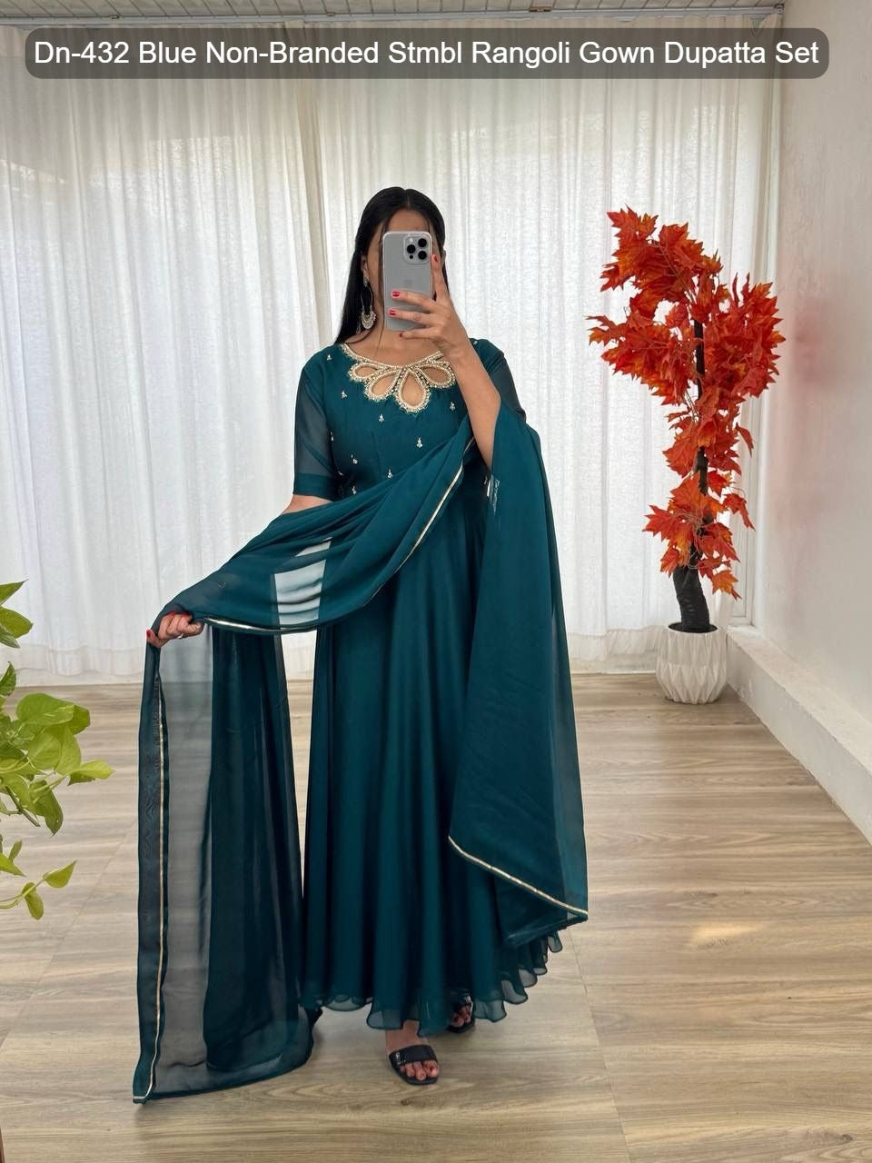 Dn-432 Blue Non-Branded Stmbl Rangoli Gown Dupatta Set