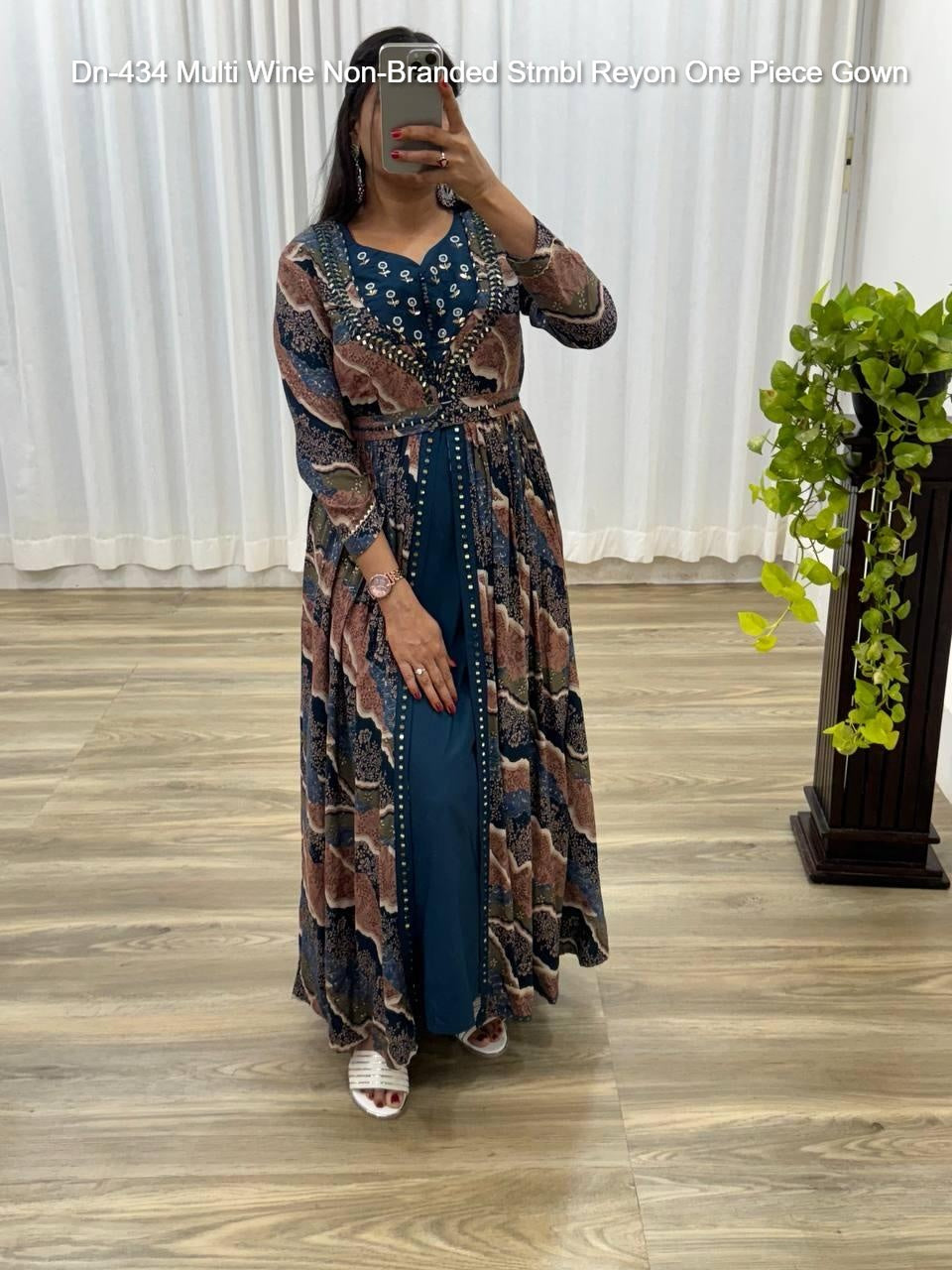 Dn-434 Multi Wine Non-Branded Stmbl Reyon One Piece Gown